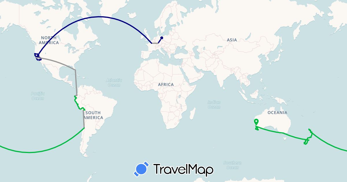 TravelMap itinerary: driving, bus, plane, train in Australia, Chile, Germany, Ecuador, France, New Zealand, Peru, United States (Europe, North America, Oceania, South America)